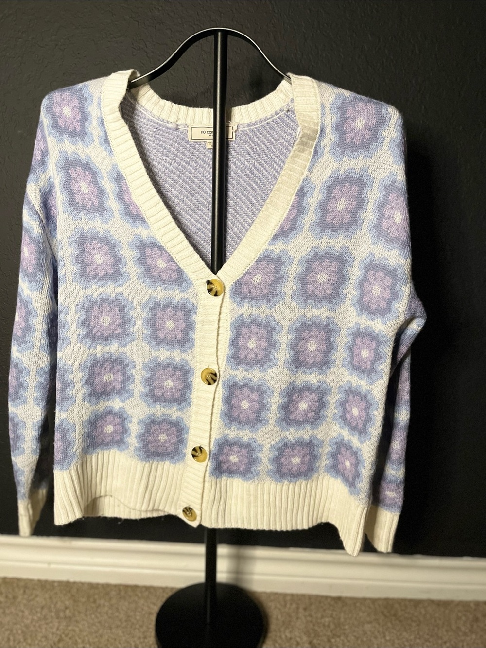 Lavender Floral Knit V-Neck Cardigan with Cream Trim